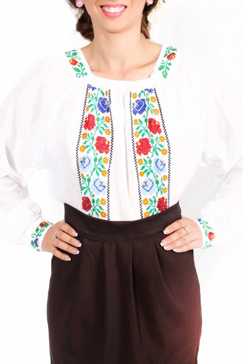 Ie romaneasca maneca lunga Dochia multicolora bluza traditionala lucrata manual Ie romaneasca maneca lunga Dochia multicolora bluza traditionala lucrata manual