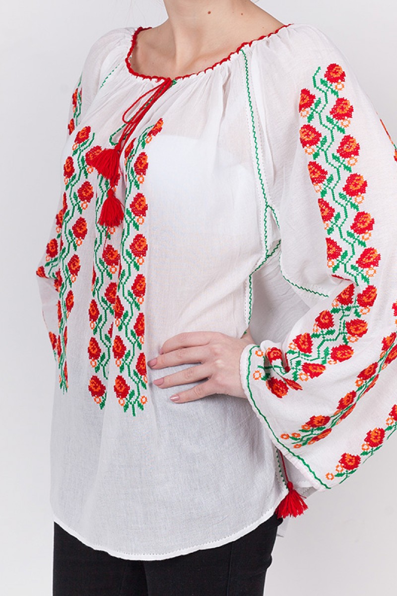 Ie romaneasca maneca lunga Floare de Maces fir rosu verde lucrata manual zona Banat