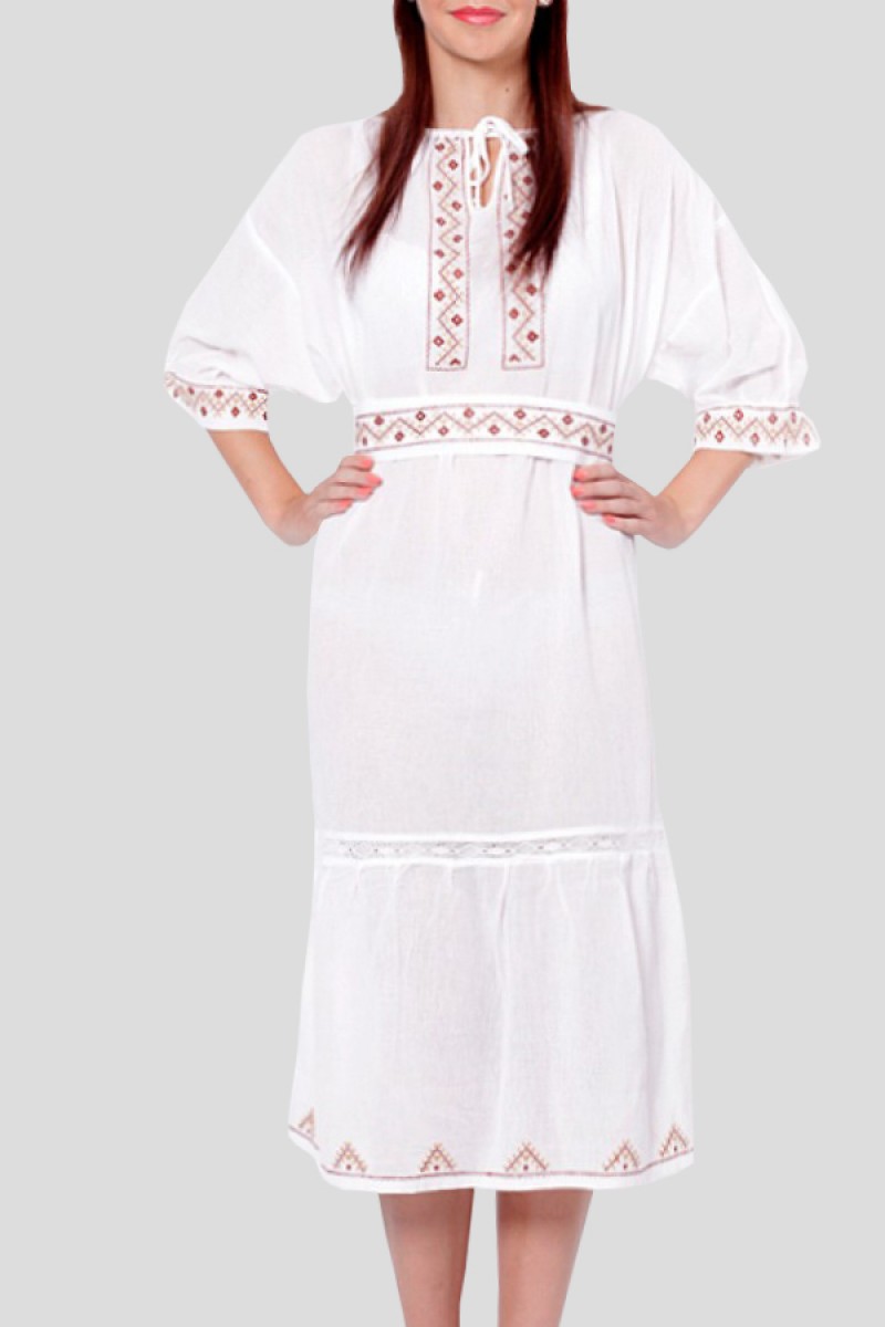 Rochie traditionala Ancuta cusuta manual cu grena si bej